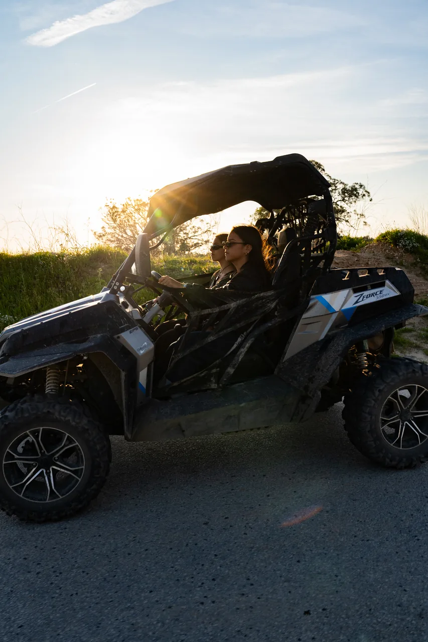 Buggy riding into the sunset with lens flare